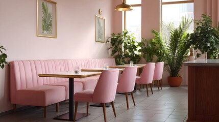 Fototapeta premium Bright and elegant interior of a modern cafu00e9 featuring soft pink seating natural wood tables and lush tropical plants near large