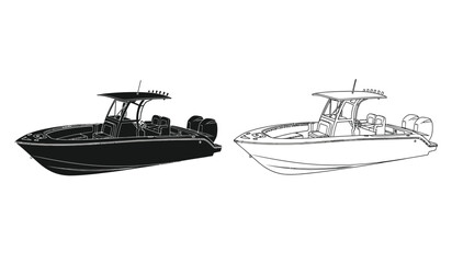 Two detailed renderings showcase a center console fishing boat from different perspectives presented as a striking silhouette high quality professional modern elegant stylish clean © rsvect02