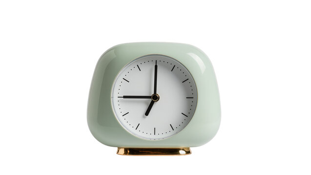 Pastel green rounded alarm clock with gold base, isolated on transparent background
