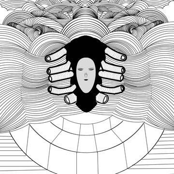 A surreal black-and-white illustration. A serene face against a black silhouette background, surrounded by 10 striped fingers arranged symmetrically. The background features an endless pattern of ove