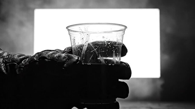 Black and white shot of gloved hand holding a drink in a plastic cup with a bright rectangle in the background.