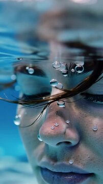This shows a calm woman wearing goggles underwater in a serene swimming pool. She has a peaceful expression on her face and is surrounded by clear blue water.
