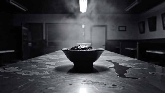 Black and white shot of a bowl of steaming noodles and sauce on a diner table with light