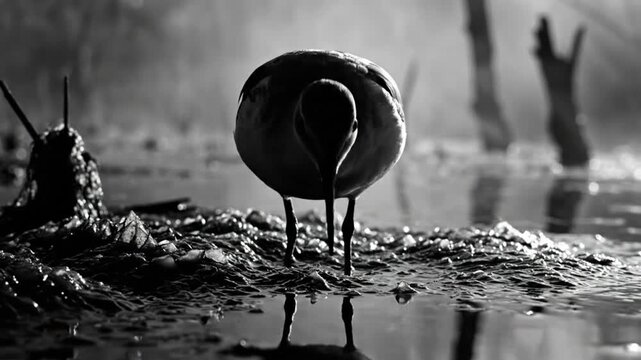 Black and White Peaceful Still Scene of a Bird Foraging in Shallow Water with Reflections and Depth