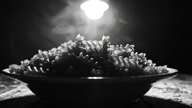 Black and white close up of a steaming bowl of fusilli pasta under a bright light on rustic wooden surface