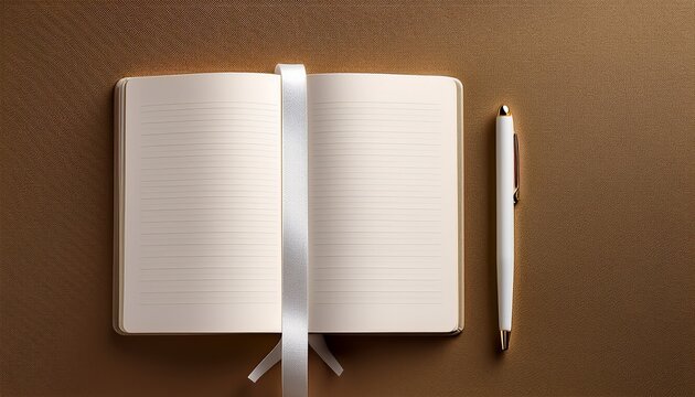an elegant and minimalist flat lay composition featuring an open notebook with blank lined pages and a bookmark ribbon accompanied by a white pen