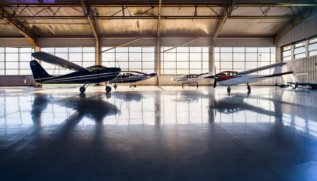 a well lit aircraft hangar with multiple small planes reflecting off the polished floor under an expansive skylight