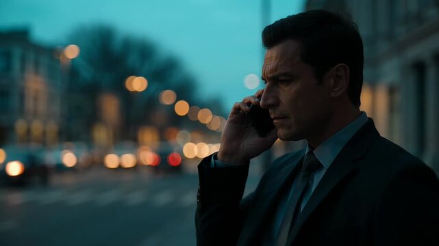 A businessman in a suit talks on his phone on a city street at dusk in this video