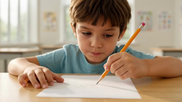 A young boy focused on writing with a pencil in a classroom