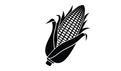 A striking black silhouette depicts a single ear of corn with detailed kernels and vibrant husk leaves silhouette high quality professional modern elegant stylish © rsvect02
