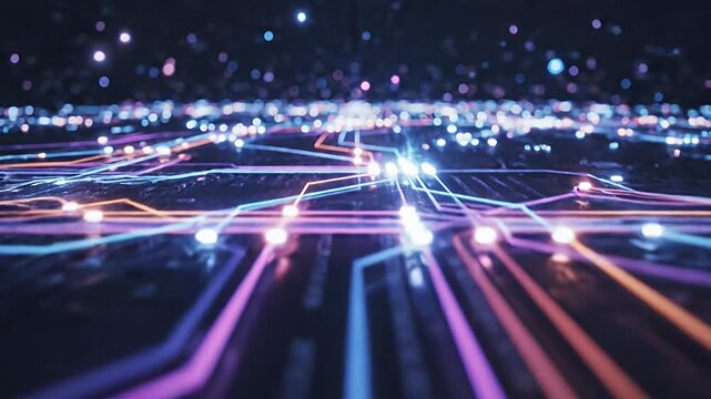 Futuristic digital circuit board with glowing data flow lines