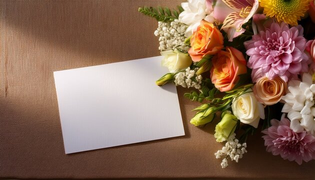 bouquet of flowers with blank card on a table during daytime