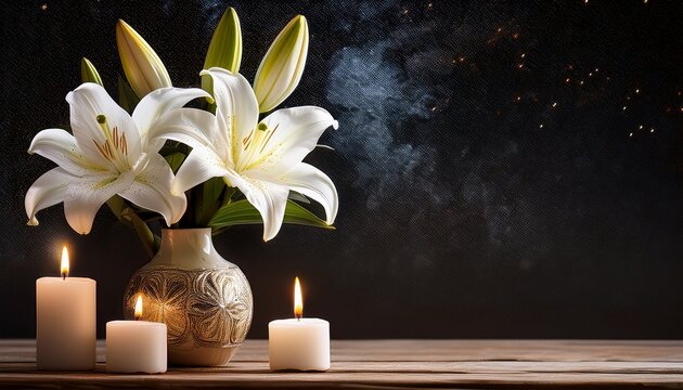 white lily flowers in decorative vase and burning candles symbolizing purity remembrance and reverence sacred a in space