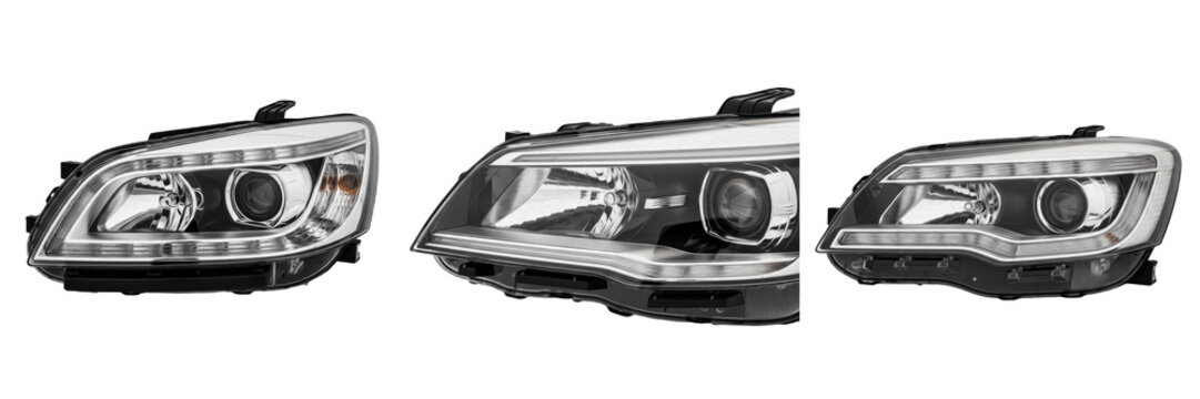 Modern LED Car Headlight Assembly for Automotive Repair, Vehicle Part Mockup, Industrial Lighting Design, Realistic Glass and Metal Texture Graphic Design Assets.