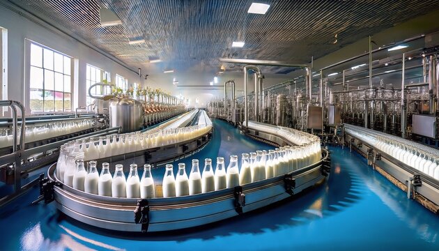 bottles of fresh milk move along a production line in a busy dairy factory during the day