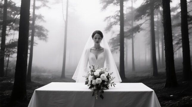 Ethereal Bride in Misty Forest with Elegant Bouquet of Flowers