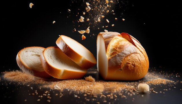 sliced white bread and soft bakery rolls falling with crumbs representing fresh goods and breakfast baked