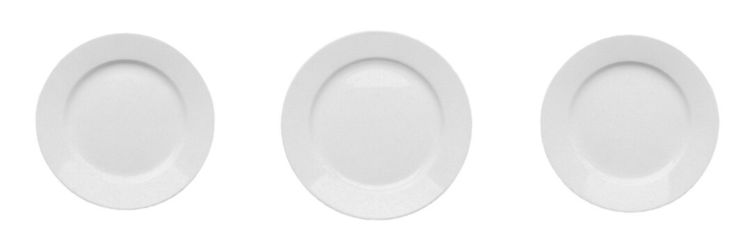 Set and collection of empty white plate isolated on white transparent png background

