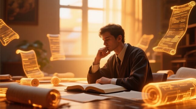 Thoughtful Scholar Engaged in Study Surrounded by Glowing Scrolls