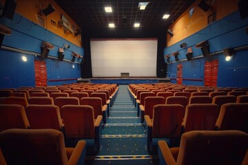 Naklejka premium Rows of empty orange cinema seats facing a large blank screen in an old style theater, awaiting the audience and the beginning of the movie