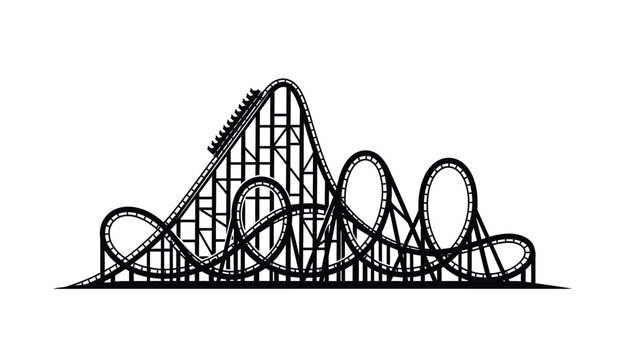 A detailed black and white illustration showcases a towering roller coaster with looping tracks and a small train presented as a silhouette high quality