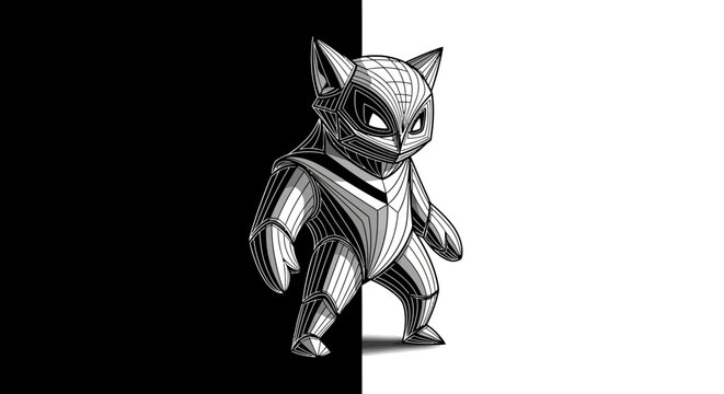 A robotic cat with glowing eyes.