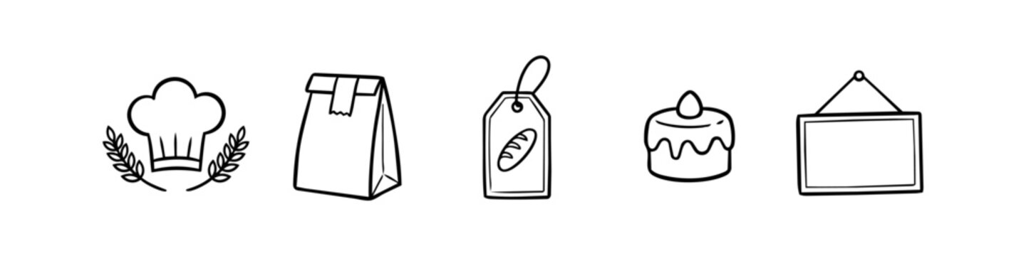 Set of minimalist hand-drawn bakery icons including a chef's hat with wheat, a paper bag, a bread tag, a cake, and a hanging sign. Perfect for cafe branding, menus, and web design elements.