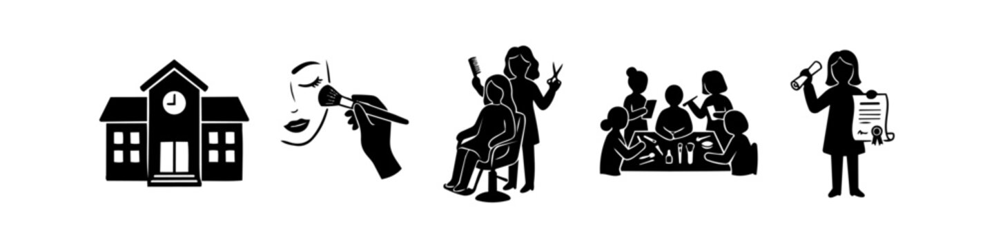 Cosmetology school education journey silhouette icon set. Illustrations of school building, makeup application, hair styling, nail art training, and graduation certificate.