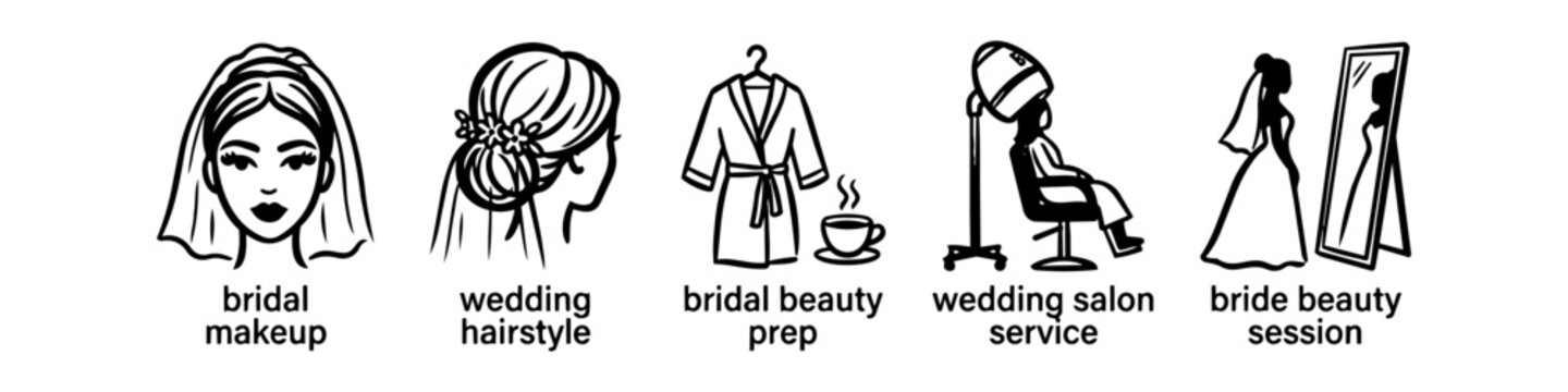 Set of bridal beauty and wedding preparation icons including makeup, hairstyle, robe, salon service, and mirror session. Black linear vector illustrations for wedding planners and salons.