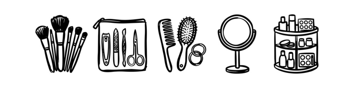 Hand-drawn black and white doodle illustration of beauty and grooming essentials including makeup brushes, manicure kit, hairbrush, mirror, and a cosmetic organizer.