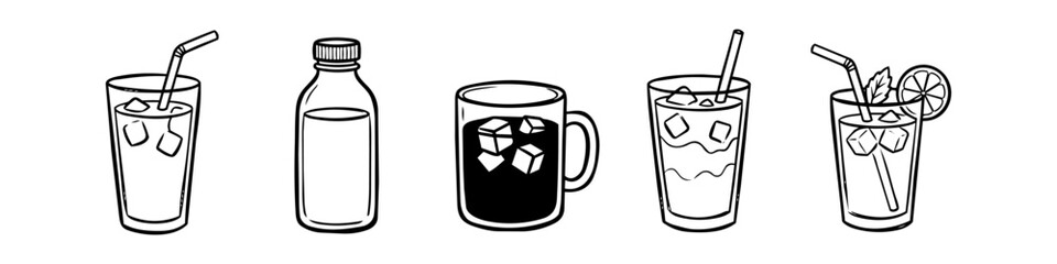Set of minimalist black and white line art icons featuring various beverages, including iced coffee, lemonade with mint, a bottled drink, and refreshing cocktails in glasses with straws. © Nort Kor