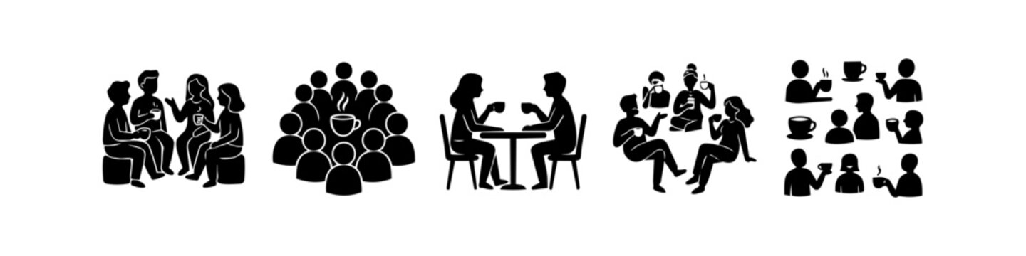 Collection of black and white silhouette icons showing people gathering over coffee or tea. Features groups, couples at tables, and individual icons for social and community themes.