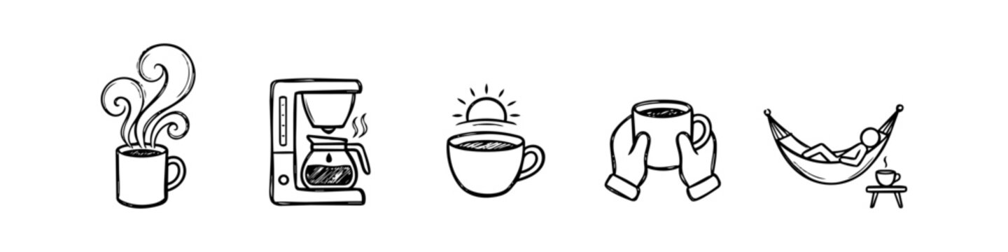 Hand-drawn coffee icons set featuring a steaming cup, drip coffee machine, morning sunrise, hands holding a mug, and a relaxing hammock scene. Minimalist black and white doodle illustrations.
