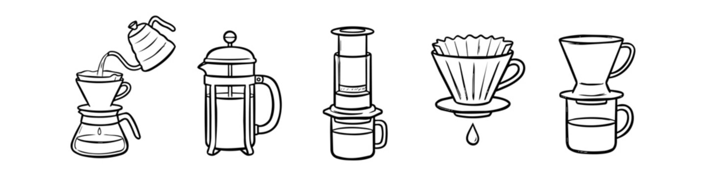 Set of hand-drawn line art illustrations of manual coffee brewing methods including French press, pour over, and AeroPress. Minimalist black and white doodle icons for cafe and barista theme.