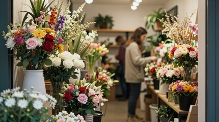Naklejka premium Vibrant Flower Shop Interior with Diverse Floral Arrangements