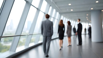 Fototapeta premium Business professionals walk through a brightly lit modern corporate corridor emphasizing teamwork and corporate progression
