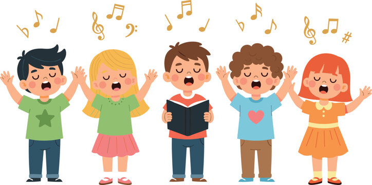 Diverse Group of Happy Children Singing in a Choir with Musical Notes for School Performance Music Education and Theater Arts Graphic Designs