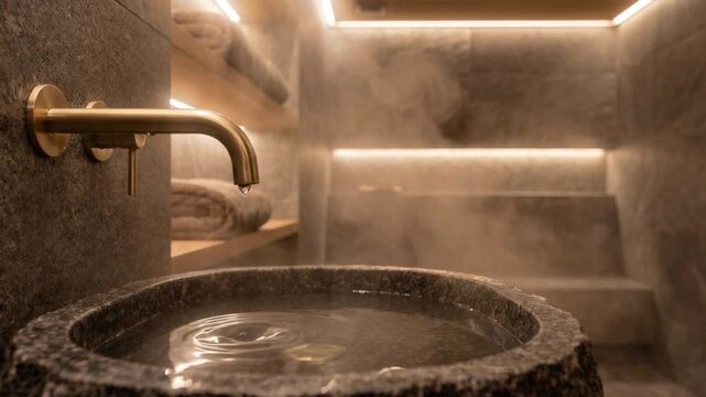Modern Stone Steam Room with Golden Faucet and Hot Water Flowing