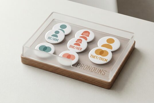 Inclusive pronouns concept showcasing gender identity markers through interactive buttons in a contemporary design emphasizing individuality and socio cultural awareness
