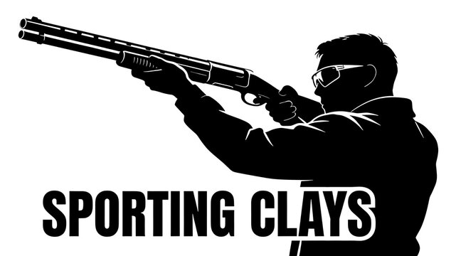 Event signage sporting clays inscription text. Monochrome silhouetted athlete shooting sport 