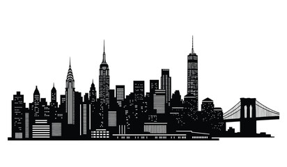 A striking black and white cityscape showcases iconic new york buildings and the brooklyn bridge presented as a silhouette high quality professional detailed modern © rsvect02