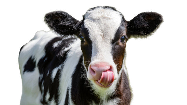 Black and white calf with pink nose licking its lips, isolated on transparent background