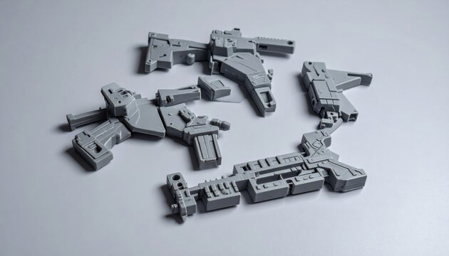 A collection of gray interlocking modular battlefield terrain segments arranged on a neutral surface for wargaming model setup and creative tabletop diorama construction.