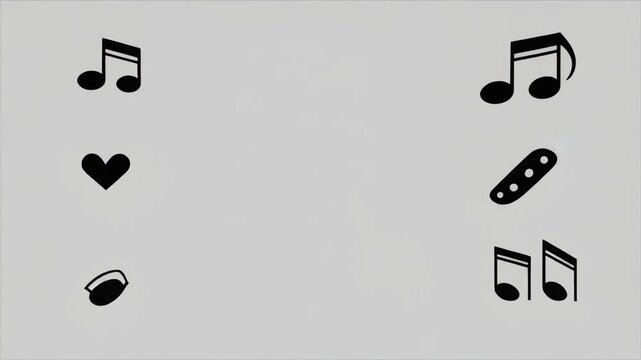 Animated simple black music note icons, flat vector animation, clean minimal style, isolated on white background, 4k