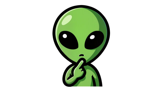Green alien with finger on lips, isolated on transparent background