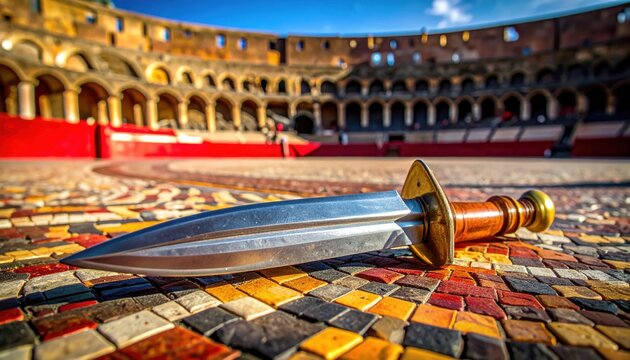 A gleaming replica of a traditional Roman gladius sword resting on a detailed mosaic floor inside an ancient stone amphitheater representing historical military heritage and power.