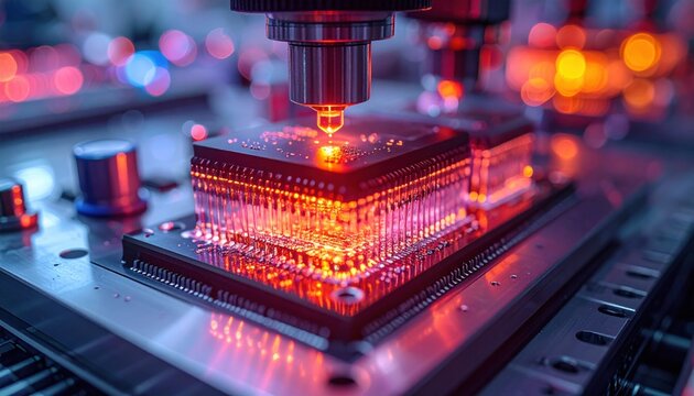 A close up view of a sophisticated superconducting qubit circuit being examined under a high precision microscope for advanced quantum computing research and technological development.