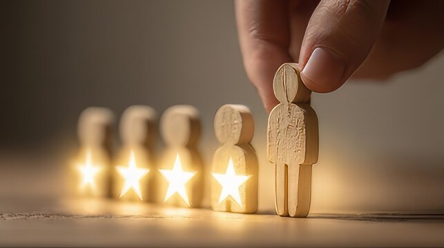 Human hand picking a single wooden peg doll out of a line of identical dolls. Five glowing golden stars are positioned above the selected doll top performer, high quality, or a five star rating. 