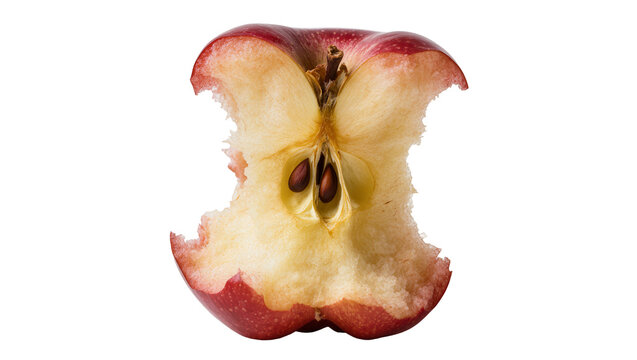 Half eaten red apple core with visible seeds, isolated on transparent background