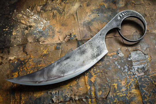 Close up of karambit knife showcasing its unique curved blade and ring handle, placed on a textured surface